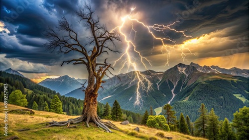 A dead tree struck by lightning in Pfossental, South Tyrol mountains, lightning, dead tree, Pfossental, South Tyrol photo