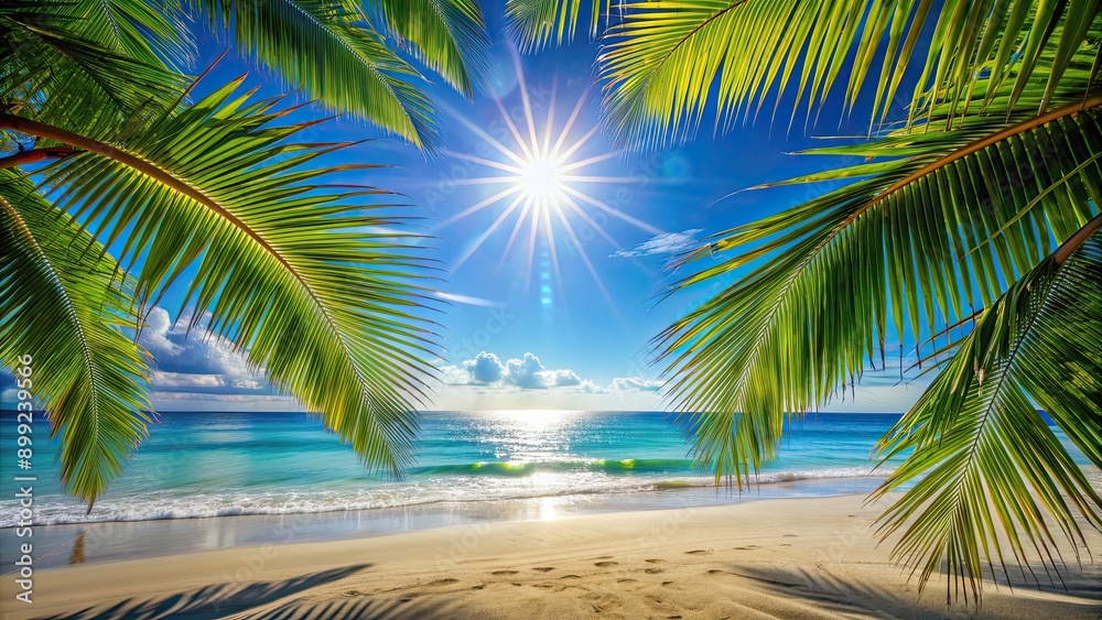 Fototapeta premium Vibrant photo of the sun shining through palm leaves on a tropical beach, sunshine, rays, bright, summer, warm, glow