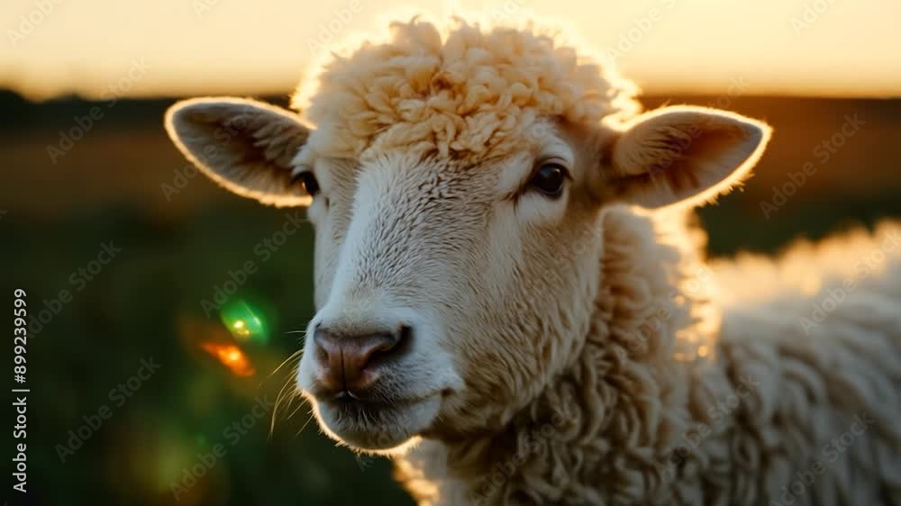 A sheep is seen peacefully grazing in a lush green field as the sun sets, casting a warm glow on its woolly coat