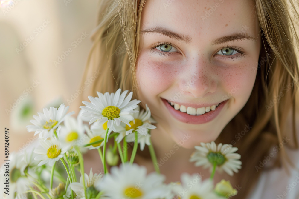 A Radiant Smile Among Daisies: Young Girl with Freckles Joyfully Embracing Nature's Beauty, Her Green Eyes Sparkling with Happiness as She Holds Fresh Daisies Close, Capturing the Essence of Youthful A Radiant Smile Among Daisies: Young Girl with Freckles Joyfully Embracing Nature's Beauty, Her Green Eyes Sparkling with Happiness as She Holds Fresh Daisies Close, Capturing the Essence of Youthful
