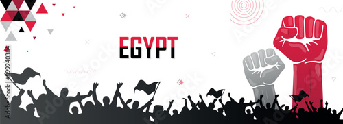 People cheer for Egypt with flags, black and red color combination national patriot banner, nation independence celebration background, raised fist, human hand, strike, parade, riot, protest or rally