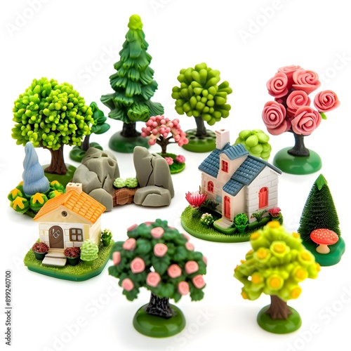 Creative toy garden landscape featuring a tranquil setting with miniature houses  trees  flowers 