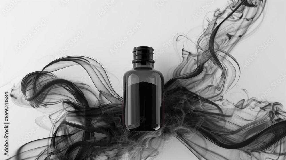 Fototapeta premium Captivating 3D Shilajit Extract Render in Clear Bottle with Smoke Tendrils, Central Focus on White Background for Wellness and Health