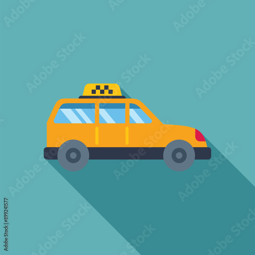 Yellow taxi cab driving through city streets, in flat design style