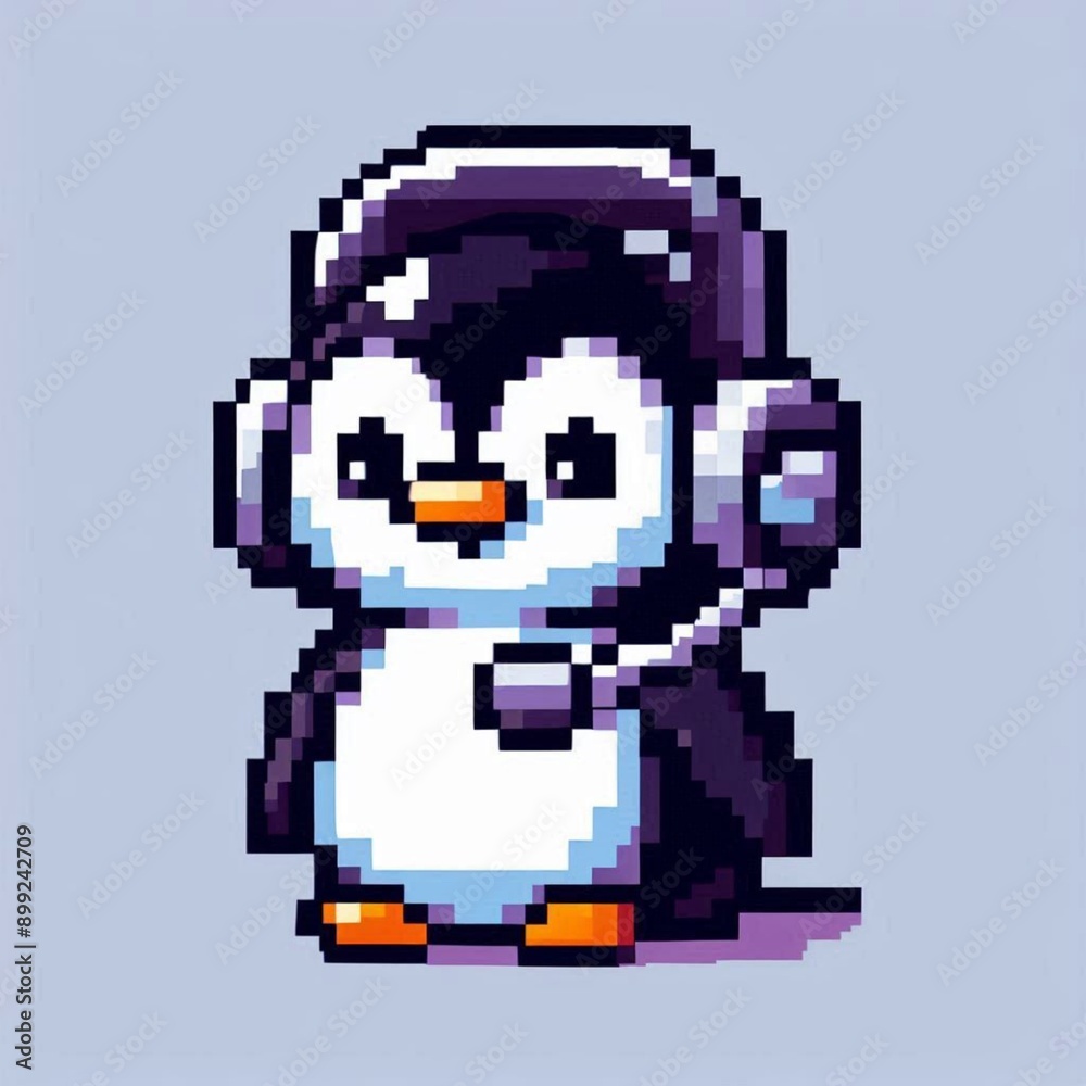 Fototapeta premium pixel art penguin with headset on white background
