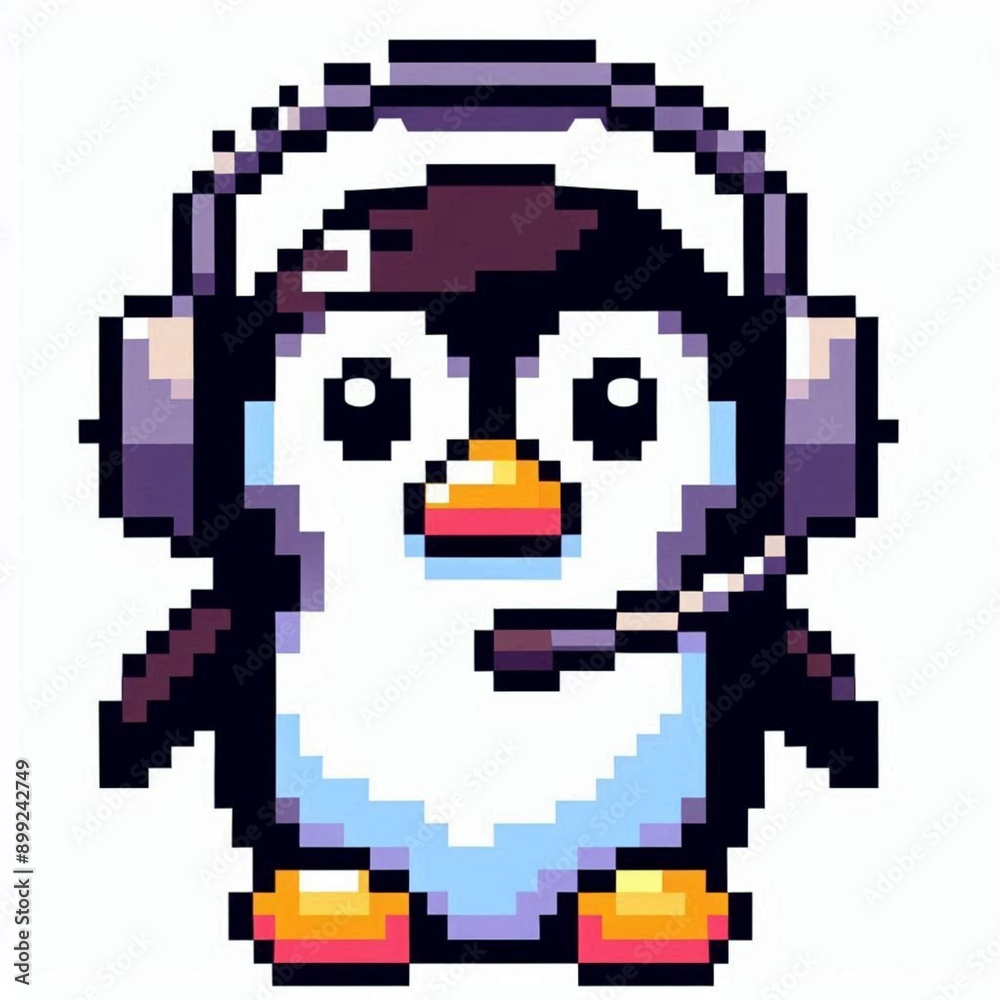 pixel art penguin with headset on white background pixel art penguin with headset on white background