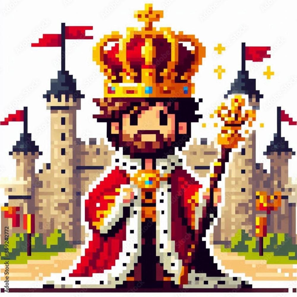 pixel art image of a king wearing a crown with a castle in the background pixel art image of a king wearing a crown with a castle in the background