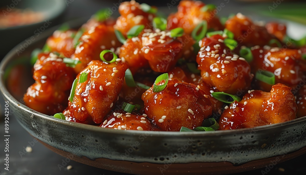 Closeup of sticky sesame chicken garnished with green onions Delicious, detailed, appetizing