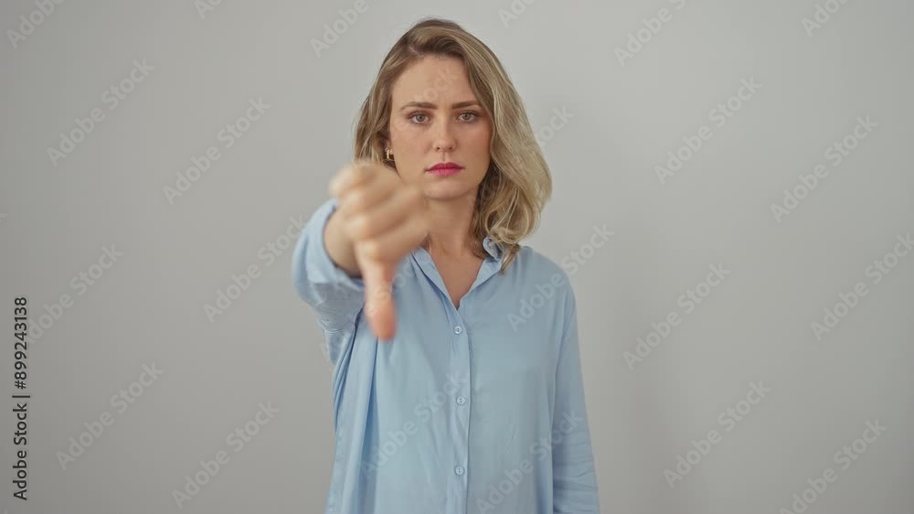 Angry young blonde woman in shirt gesturing thumbs down sign of dislike on white isolated background Angry young blonde woman in shirt gesturing thumbs down sign of dislike on white isolated background