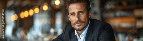 Handsome man in black suit, blurred background with bokeh lights, soft lighting photo