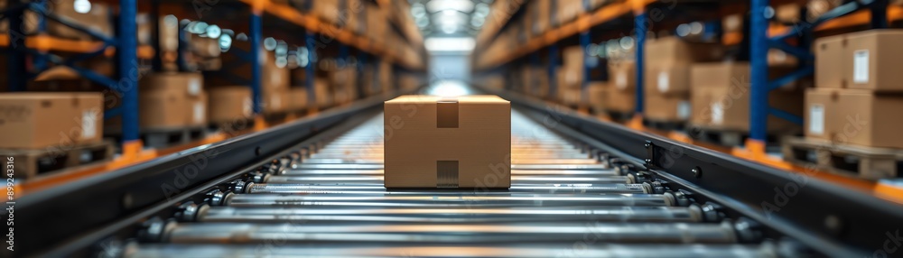 Long conveyor belt in warehouse, boxes stacked on shelves Long conveyor belt in warehouse, boxes stacked on shelves
