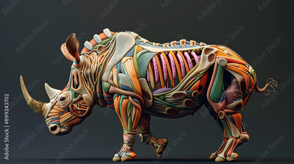 Fototapeta premium Rhino skeleton showing internal organs on a dark background.