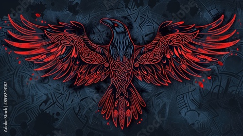 Intricate Celtic Norse knotwork raven with open wings, black and red duo tone, set against a dark and mysterious background photo