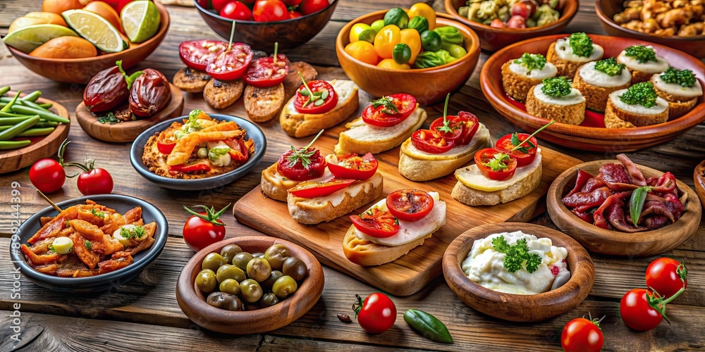 Fototapeta premium Colorful variety of tapas perfect for sharing, tapas, colorful, array, sharing, food, appetizers, Spanish