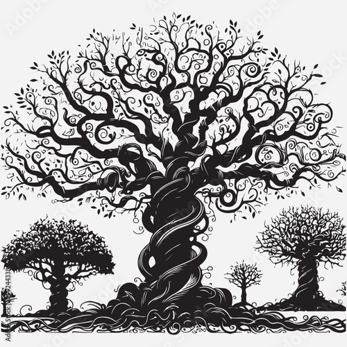 ornamental trees with many entangled branches, oak tree, black vector graphic