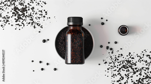 High-Resolution 3D Visualization of Shilajit Extract Supplement Bottle with Soft Floating Particles on White Background, Perfect for Health and Nutrition Marketing photo