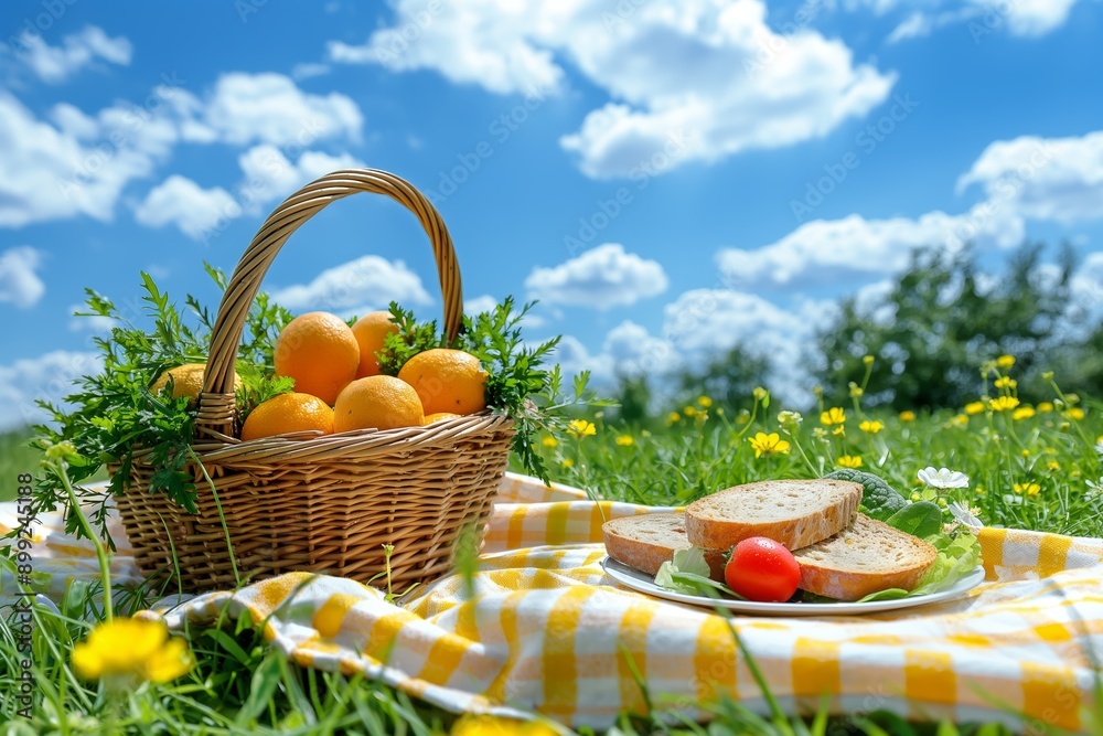 Sunny picnic with fruit basket and sandwiches on grass Sunny picnic with fruit basket and sandwiches on grass