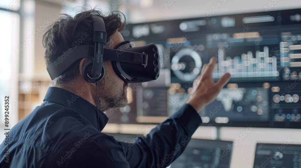 Man using VR headset to view a project, interacting with an immersive dashboard, futuristic and modern workspace Man using VR headset to view a project, interacting with an immersive dashboard, futuristic and modern workspace