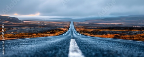 Long straight asphalt road disappearing into horizon, symbolic journey, Endless asphalt road, adventure