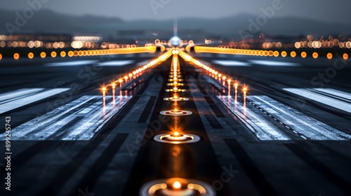 Night view of asphalt airport runway, lights and reflections, Asphalt runway night, aviation scene