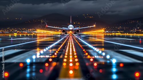 Night view of asphalt airport runway, lights and reflections, Asphalt runway night, aviation scene photo