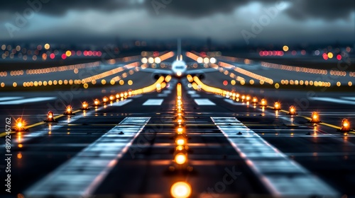 Night view of asphalt airport runway, lights and reflections, Asphalt runway night, aviation scene