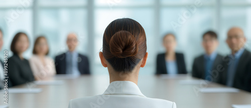 A businesswoman with a bun faces a corporate board meeting. Blurred background shows board members in a conference room.