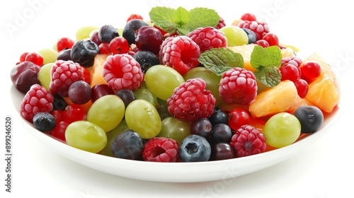 Fresh fruit salad with berries on solid white background, single object