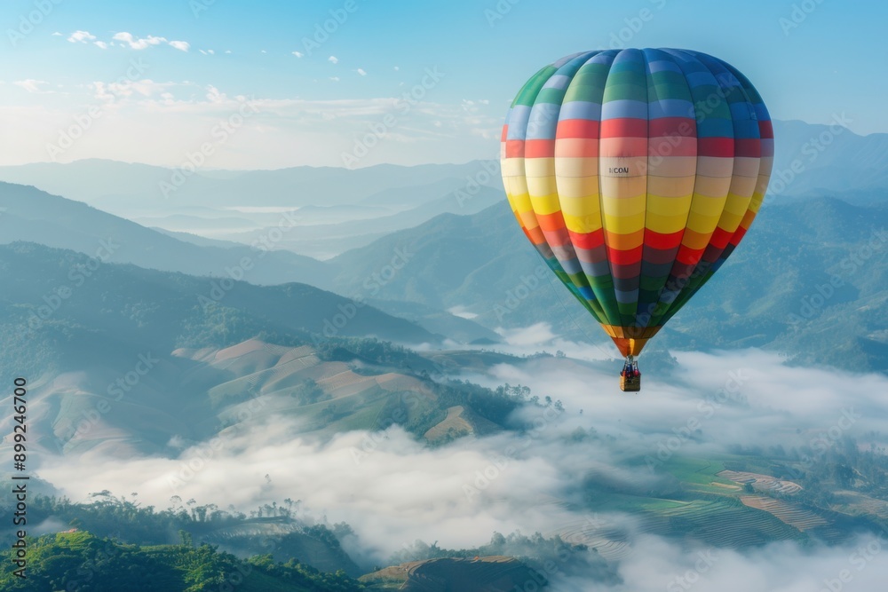 Obraz premium Colorful Hot Air Balloon Over Misty Mountains