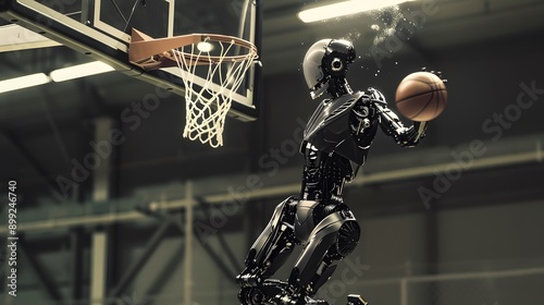 Robot Basketball Player Dunking: A sleek robot leaping into the air to dunk a basketball into the hoop. 
