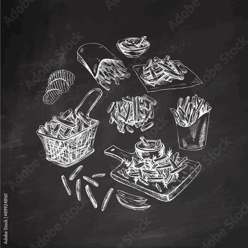 Hand-drawn sketch set of potato french fries, chips and potato slices. Vintage illustration on chalkboard background. Element for the design of labels, packaging and postcards.