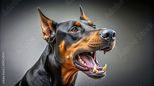 Close-up of an angry barking Doberman , aggressive, canine, guard dog, protection, alert, fierce, teeth, snarling, intense