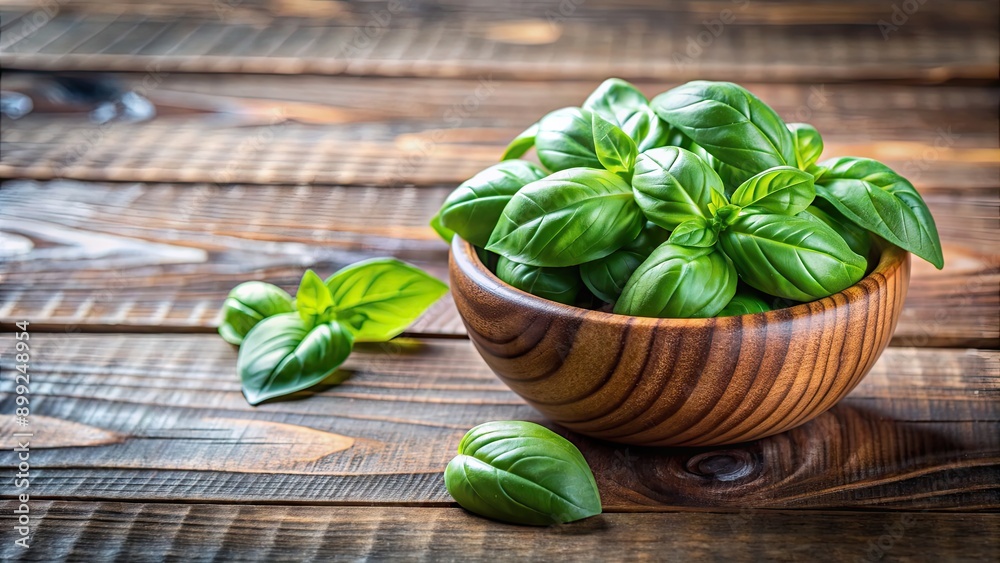 Fototapeta premium Close up of fresh basil leaves in a small bowl on a wooden kitchen table , basil, herb, green, ingredient, aromatic, close up