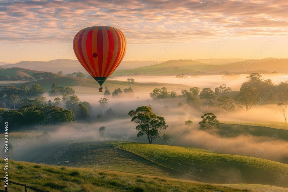 Obraz premium Hot Air Balloon Over Misty Sunrise Landscape