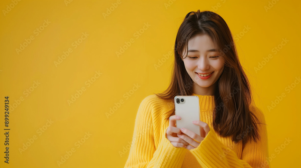 Beautiful young asian woman use smart mobile phone or cellphone with many action on yellow isolated background -- Beautiful young asian woman use smart mobile phone or cellphone with many action on yellow isolated background --
