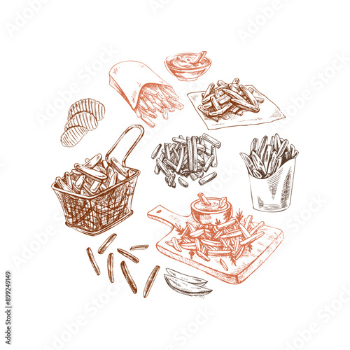 Hand-drawn sketch set of potato french fries, chips and potato slices. Vintage illustration. Element for the design of labels, packaging and postcards.