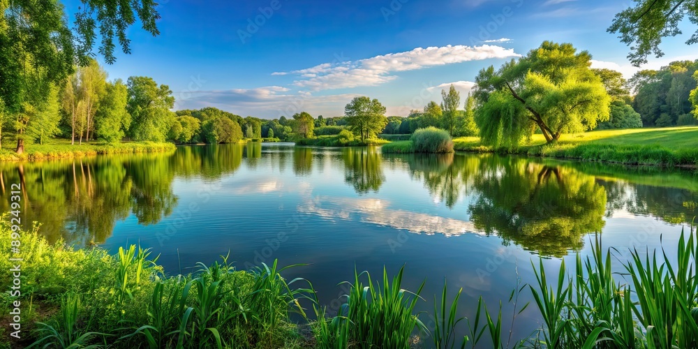 Obraz premium Serene landscape featuring a tranquil lake surrounded by lush greenery , nature, water, reflection, peaceful, scenery, outdoors