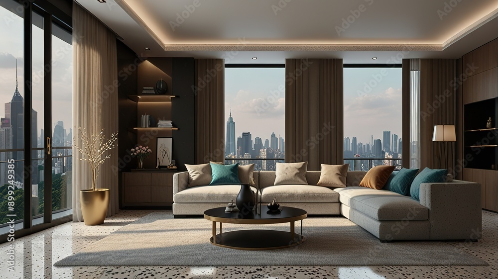 Modern style luxury interior with city view 3d render, There are terrazzo floor decorated wall with hidden light Modern style luxury interior with city view 3d render, There are terrazzo floor decorated wall with hidden light
