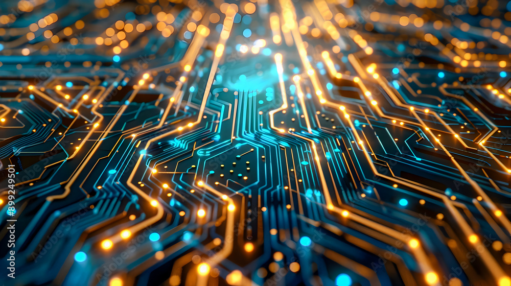 Luminous Abstract Circuit Board A Conceptual Art Piece Depicting Intricate Technological Connections with Vibrant Blue and Gold Hues Created Using 3D Rendering Software and Futuristic Aesthetics Luminous Abstract Circuit Board A Conceptual Art Piece Depicting Intricate Technological Connections with Vibrant Blue and Gold Hues Created Using 3D Rendering Software and Futuristic Aesthetics