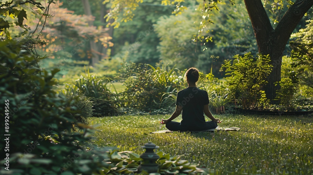 A person practicing yoga or meditation in a natural setting, surrounded by greenery A person practicing yoga or meditation in a natural setting, surrounded by greenery