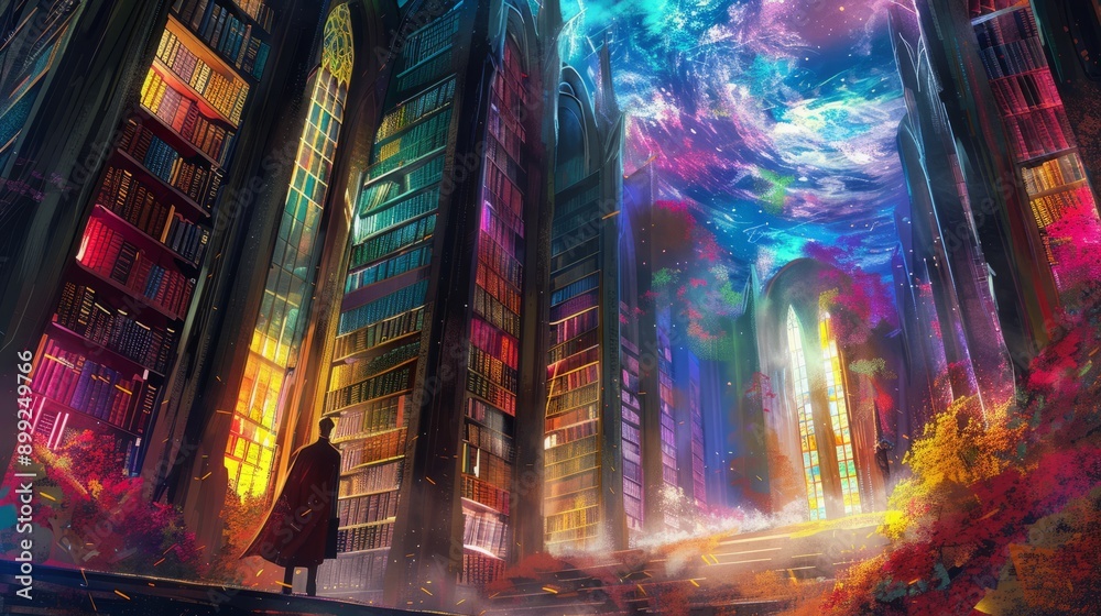 Naklejka premium Library of the Cosmos, divine, fantasy art style, vibrant colors, digital painting