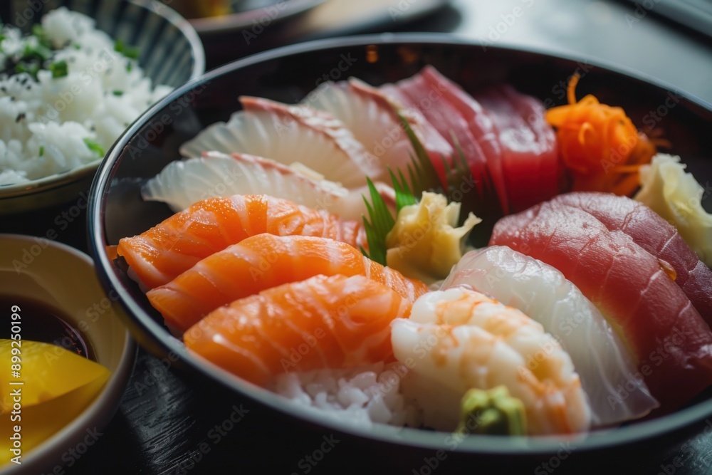 Assorted Sashimi Bowl with Rice and Garnishes Assorted Sashimi Bowl with Rice and Garnishes
