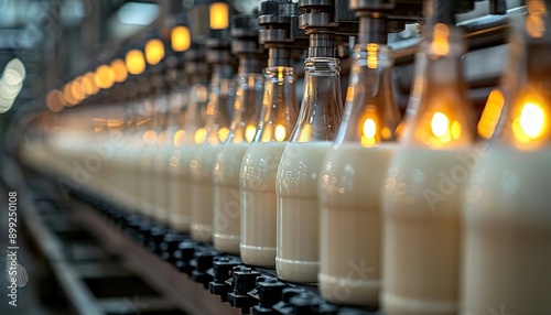 Milk bottles filling line in a dairy product factory plant