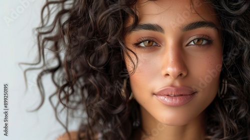 Intriguing Gaze: A close-up portrait of a beautiful woman with captivating brown eyes and luscious curly hair, radiating confidence and allure. 