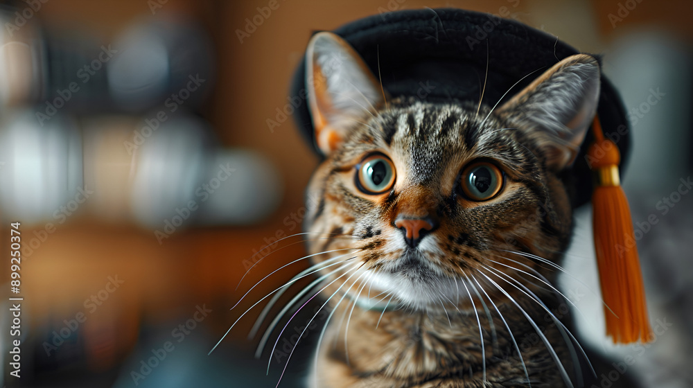 A cat in a graduation cap gazing upwards. A cat in a graduation cap gazing upwards.