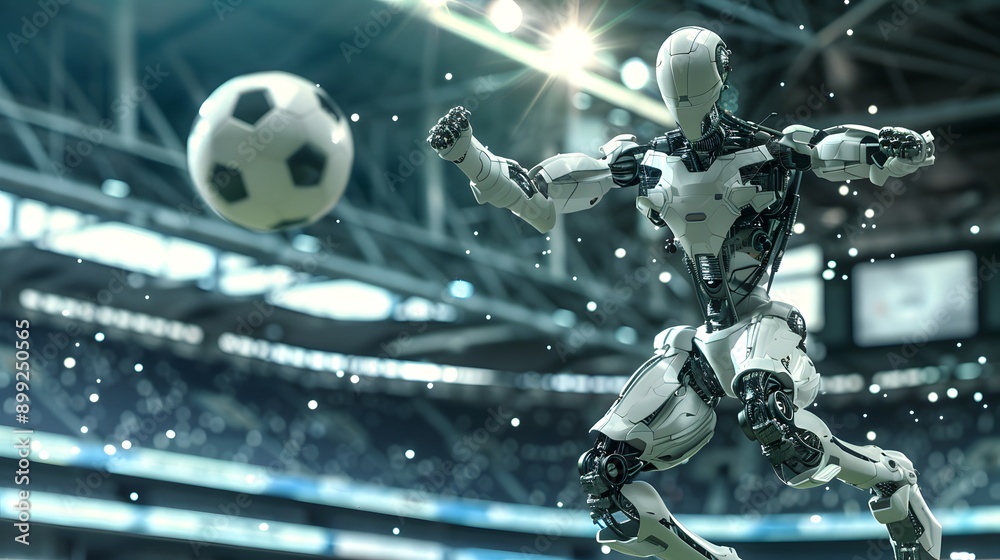 Robot Soccer Player Kicking Ball: A futuristic robot in mid-kick, sending a soccer ball flying across a high-tech stadium.
Robot Soccer Player Kicking Ball: A futuristic robot in mid-kick, sending a soccer ball flying across a high-tech stadium.