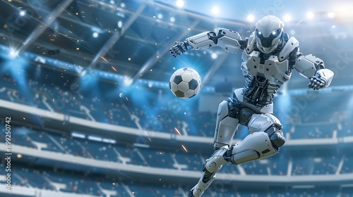 Robot Soccer Player Kicking Ball: A futuristic robot in mid-kick, sending a soccer ball flying across a high-tech stadium.
