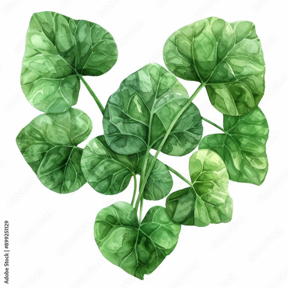 Yam leaves, heart-shaped, green and lush, watercolor style, isolated on white background