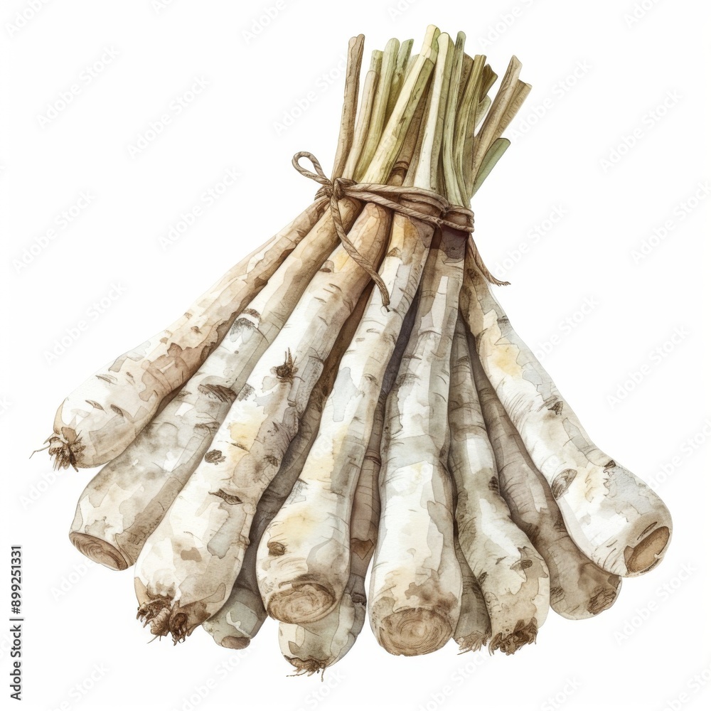 Arrowroot, slender white roots, crisp texture, watercolor style, isolated on white background Arrowroot, slender white roots, crisp texture, watercolor style, isolated on white background