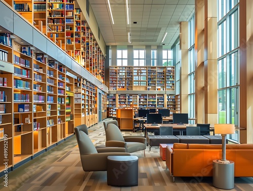 A modern library with tall bookshelves, comfortable seating areas, and a computer station for research. The ambiance is perfect for studying and quiet reading.